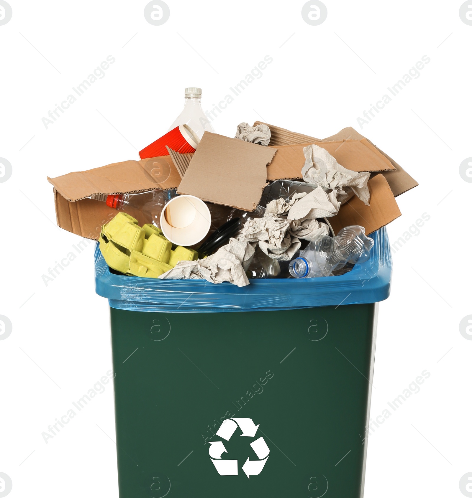 Photo of Trash bin with garbage on white background. Waste recycling