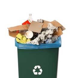 Trash bin with garbage on white background. Waste recycling