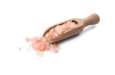 Photo of Wooden scoop with pink himalayan salt isolated on white