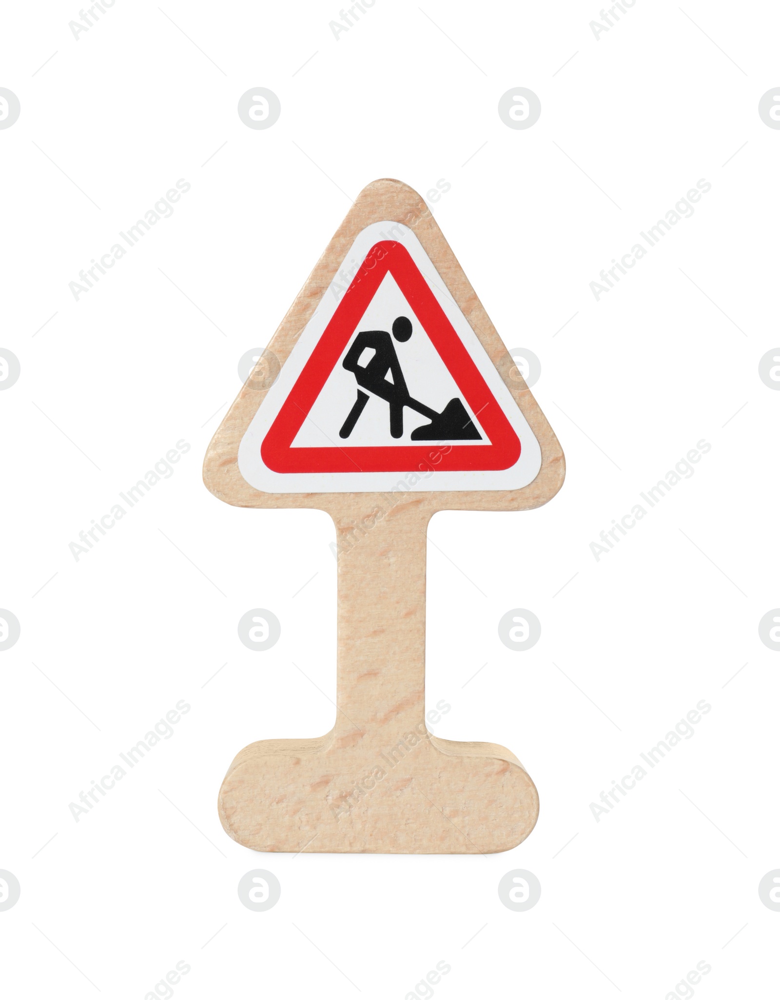 Photo of Wooden road sign isolated on white. Children's toy