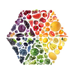 Image of Hexagon shape made of many fresh fruits and vegetables arranged in rainbow colors on white background