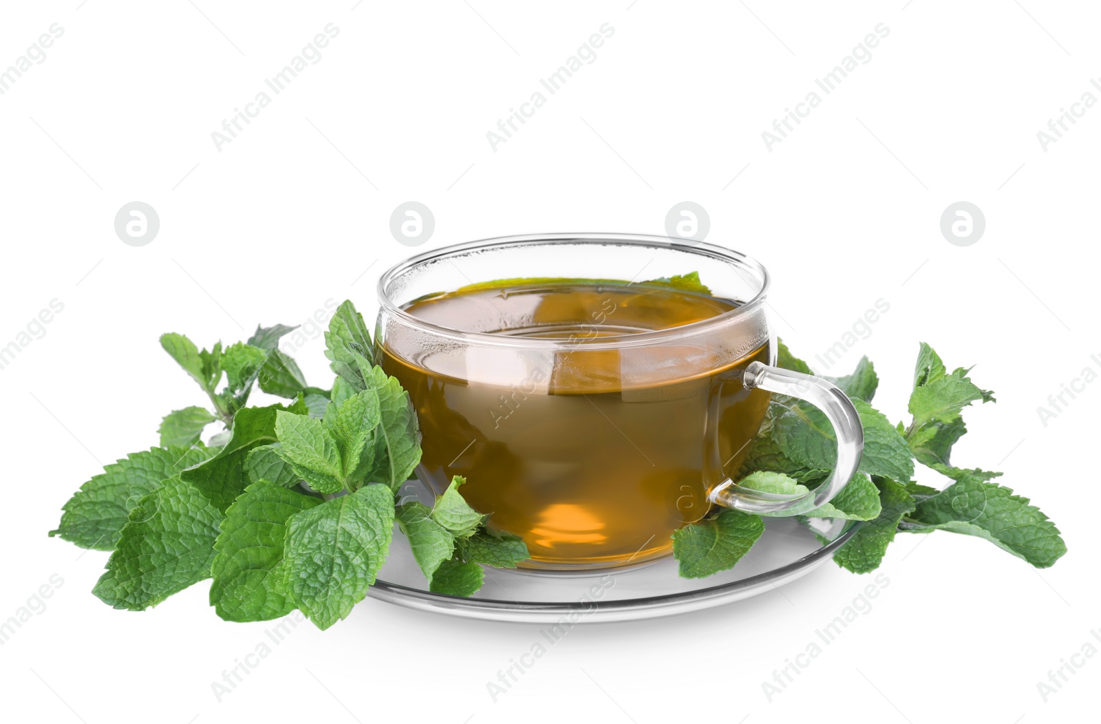 Photo of Cup with hot aromatic mint tea and fresh leaves isolated on white