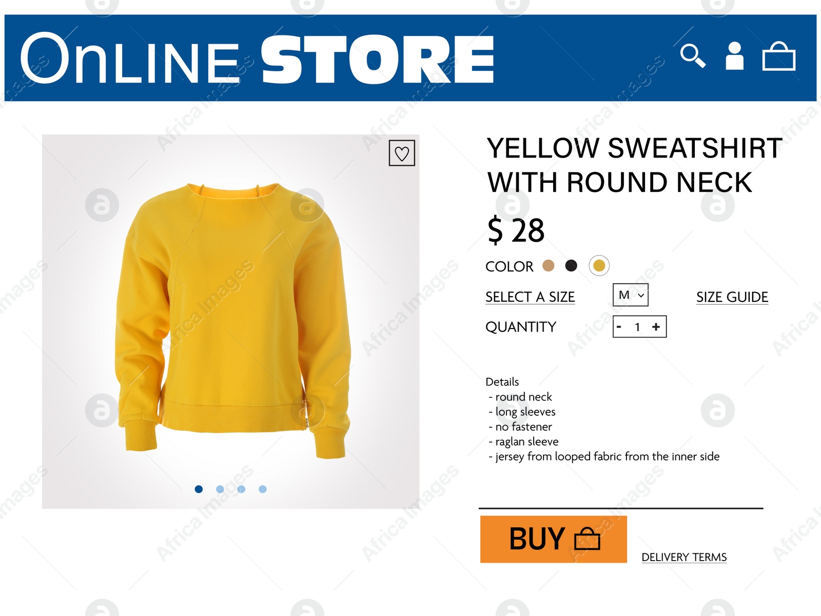 Image of Online store website page with stylish sweatshirt and information. Image can be pasted onto laptop or tablet screen