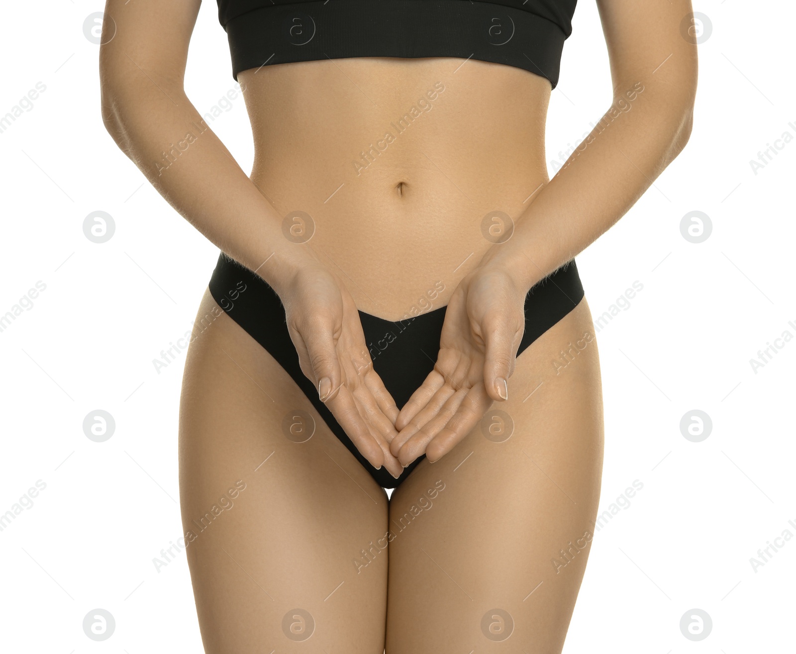 Photo of Gynecology. Woman in underwear on white background, closeup