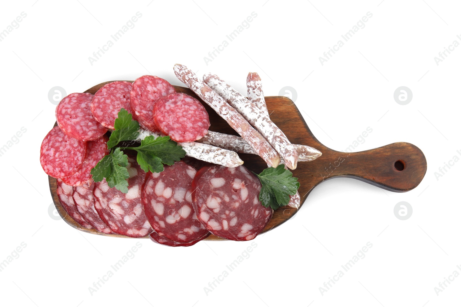 Photo of Slices of different sausages with parsley isolated on white, top view