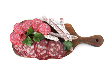 Photo of Slices of different sausages with parsley isolated on white, top view