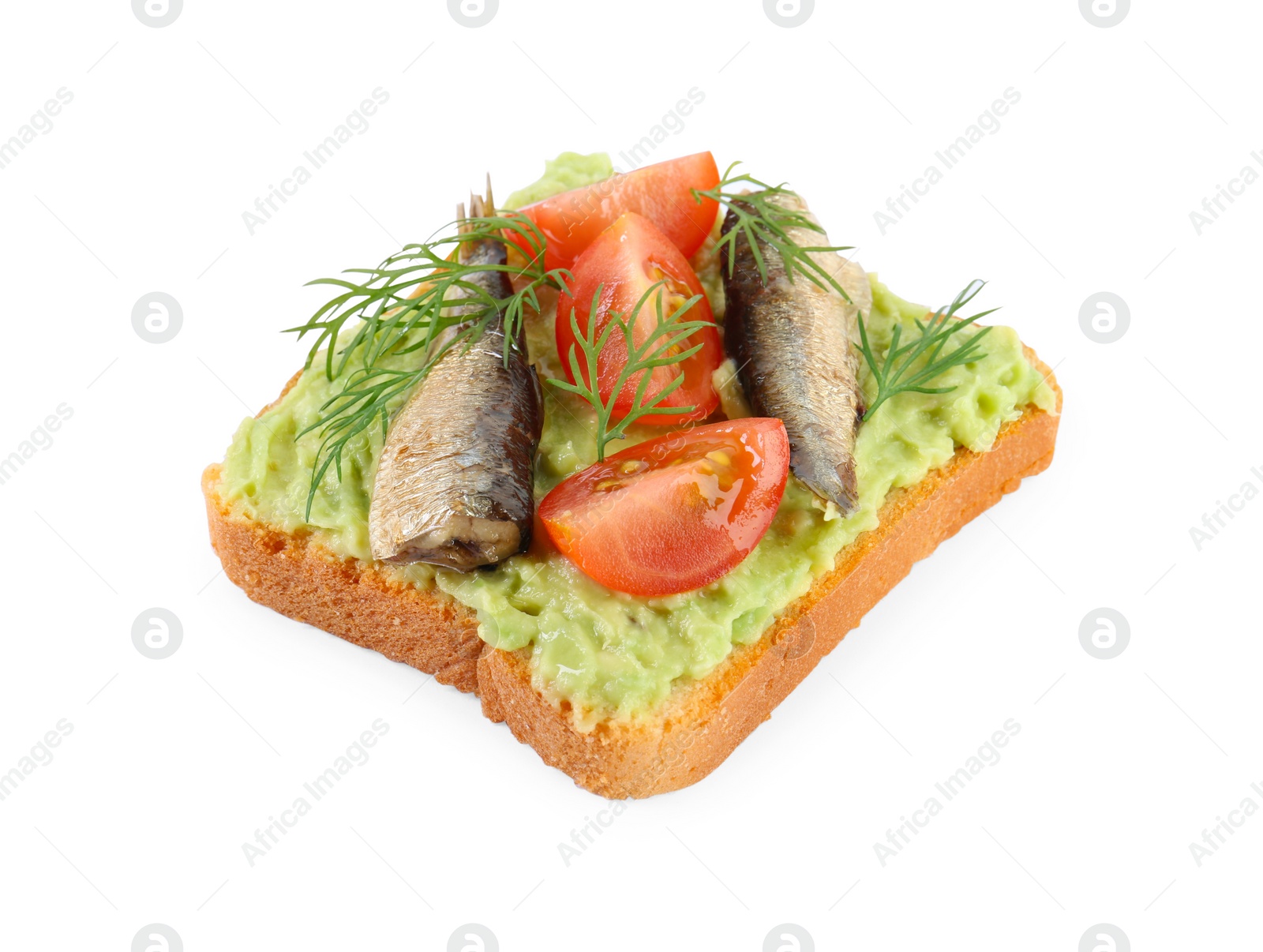 Delicious sandwich with sprats, tomatoes, dill and avocado puree isolated on white Photo of Delicious sandwich with sprats, tomatoes, dill and avocado puree isolated on white