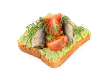 Photo of Delicious sandwich with sprats, tomatoes, dill and avocado puree isolated on white