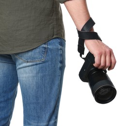 Photographer holding modern camera on white background, closeup