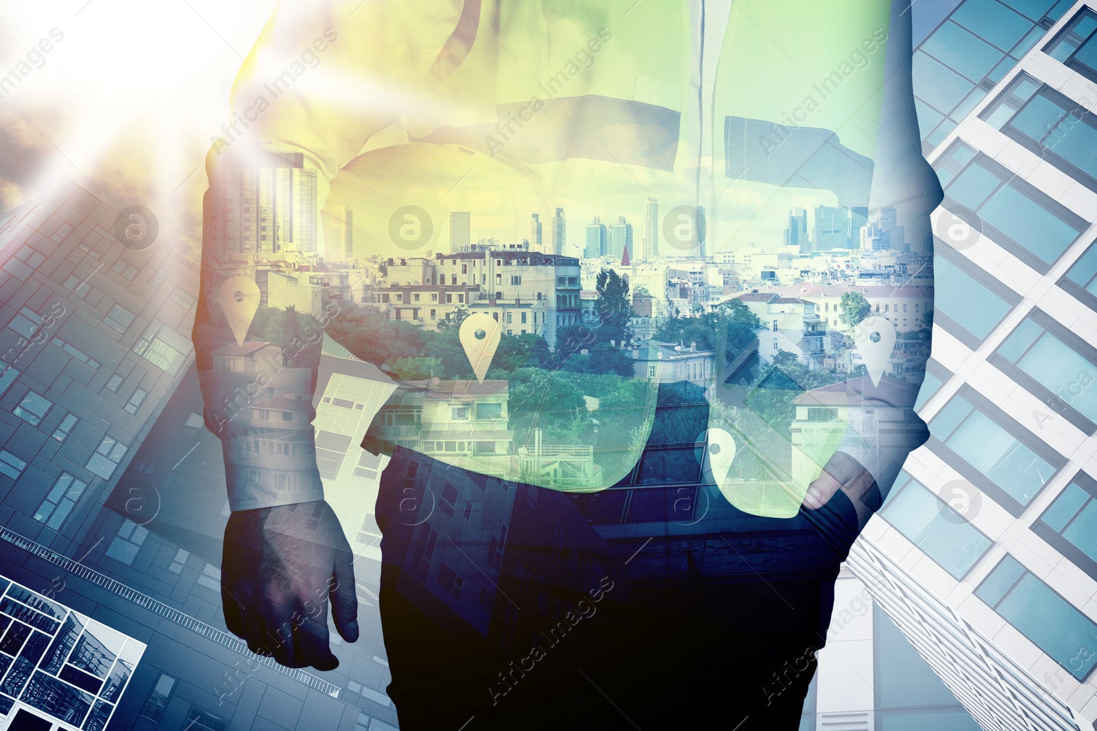 Image of Engineer with hard hat and cityscapes, multiple exposure