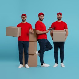 Delivery service. Happy courier with cardboard boxes on light blue background, collage of photos