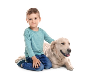 Photo of Cute little child with his pet on white background