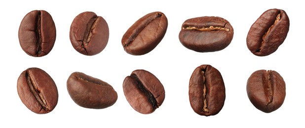 Image of Set with aromatic roasted coffee beans on white background. Banner design