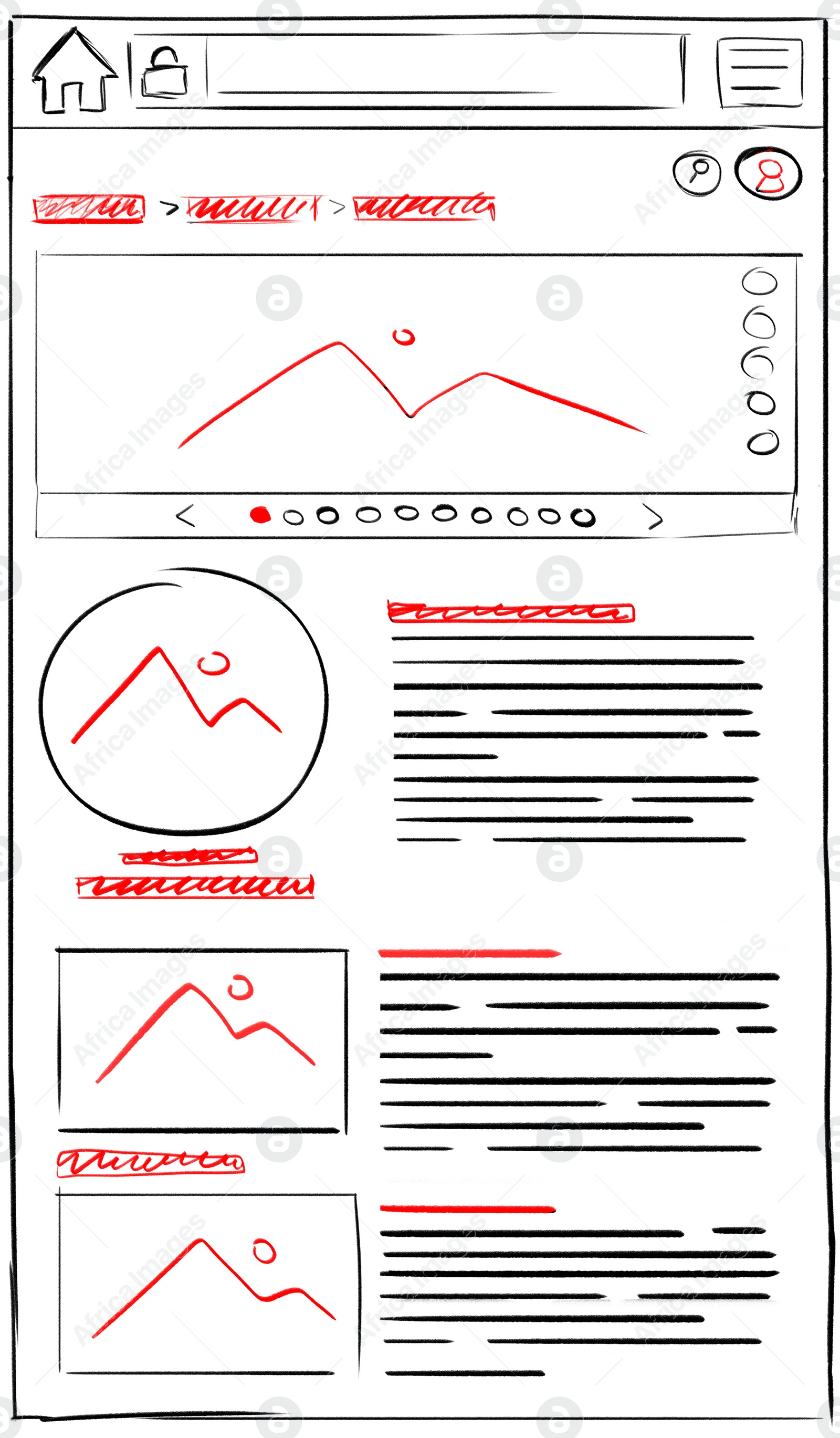 Image of Website design template, interface development. Wireframe with different elements on white background