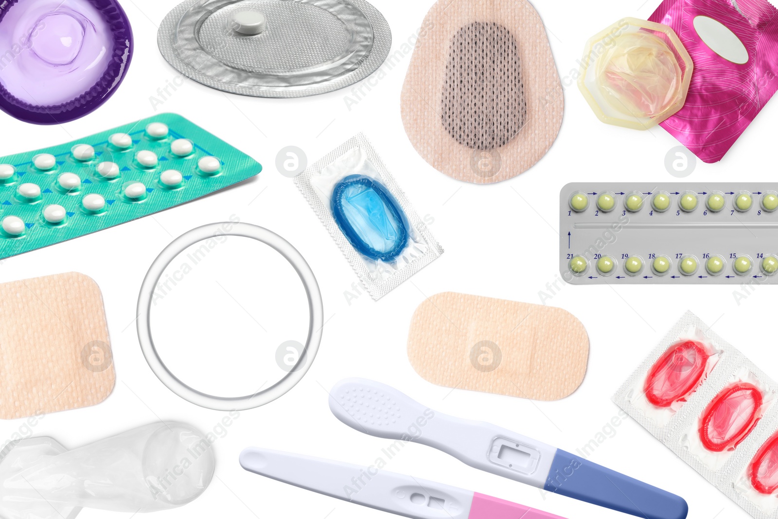 Image of Oral contraceptives, patches, vaginal ring, condoms and ovulation tests on white background, collage. Different birth control methods