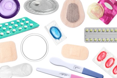Oral contraceptives, patches, vaginal ring, condoms and ovulation tests on white background, collage. Different birth control methods