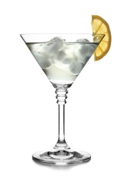 Glass of classic martini cocktail with ice cubes and lemon on white background