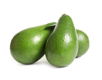 Ripe fresh avocados on white background