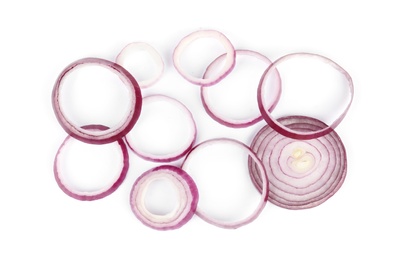 Photo of Red onion rings on white background, top view