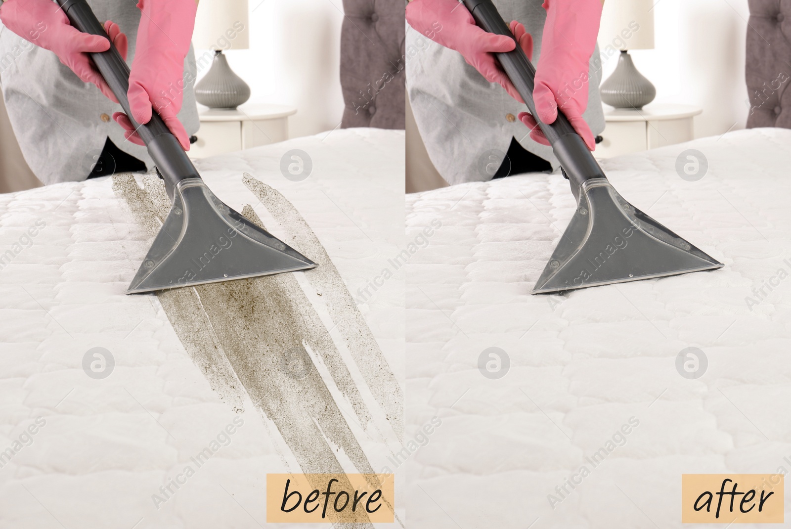 Image of Woman disinfecting mattress with vacuum cleaner, closeup. Before and after cleaning