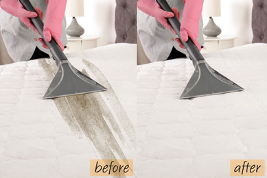 Woman disinfecting mattress with vacuum cleaner, closeup. Before and after cleaning