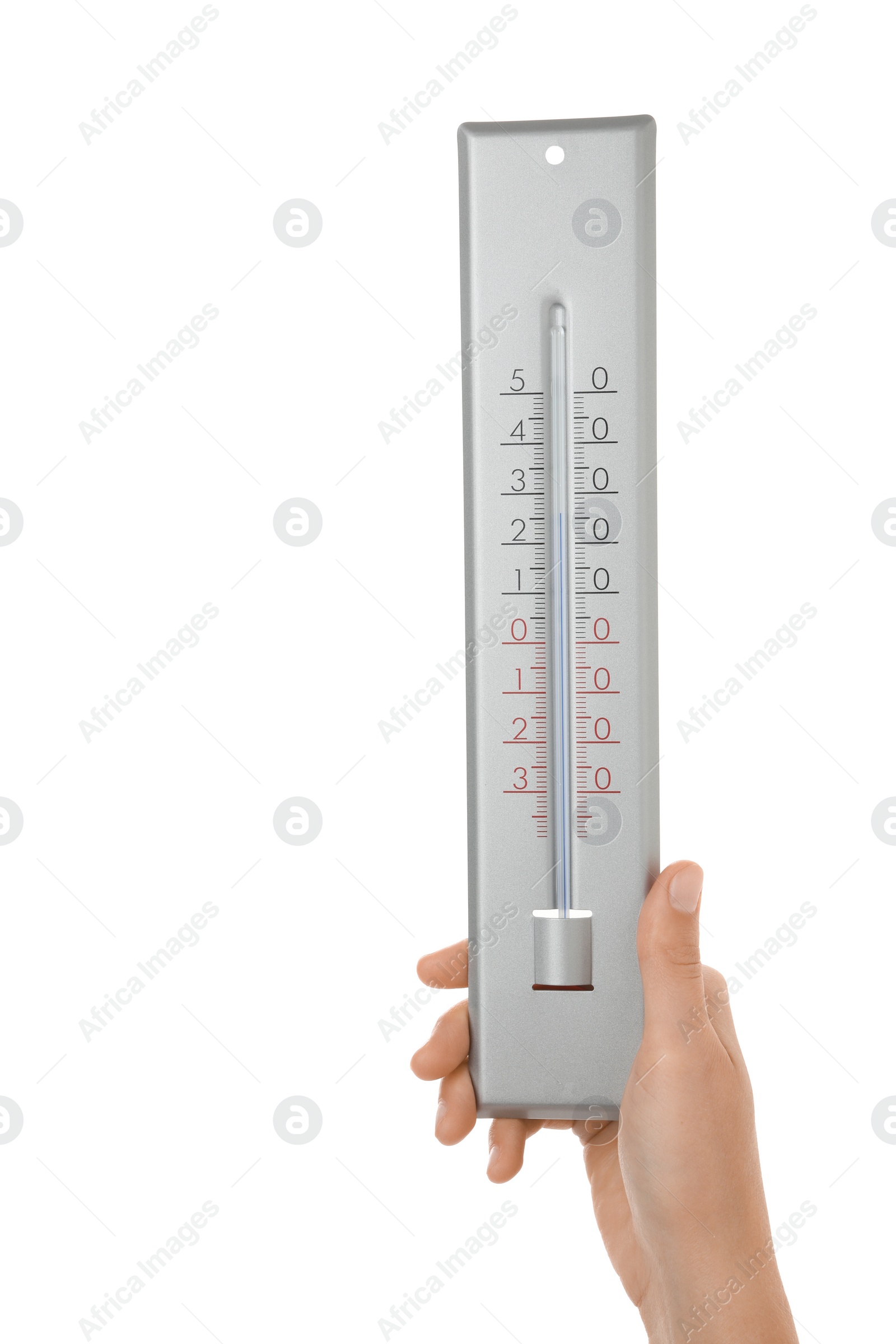 Photo of Woman holding weather thermometer on white background, closeup