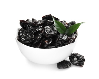Photo of Bowl of tasty prunes on white background. Dried fruit as healthy snack