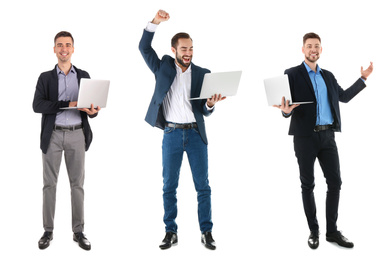 Collage of young men with laptops on white background