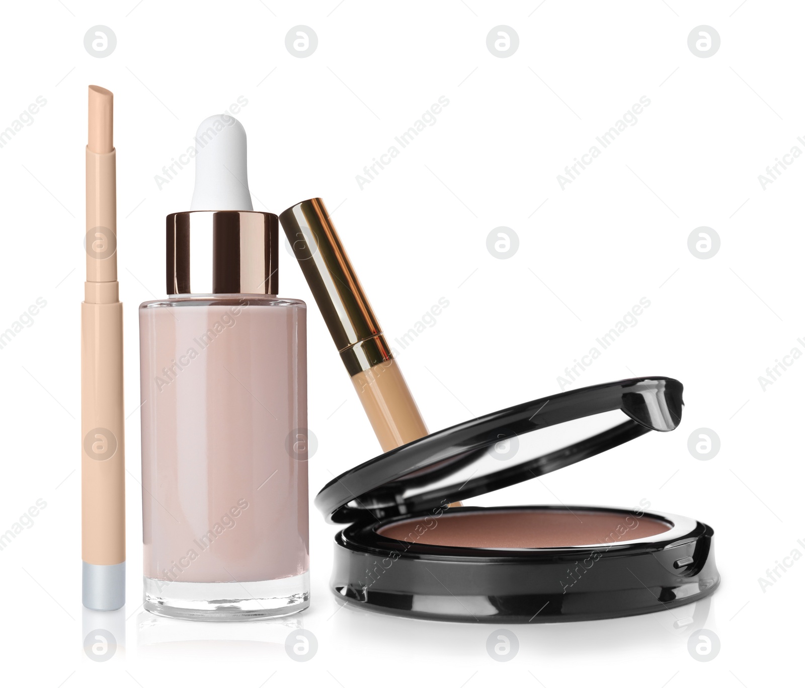 Image of Set with different decorative cosmetics on white background. Luxurious makeup products 