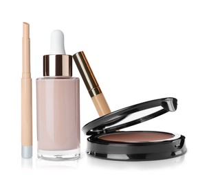 Image of Set with different decorative cosmetics on white background. Luxurious makeup products 