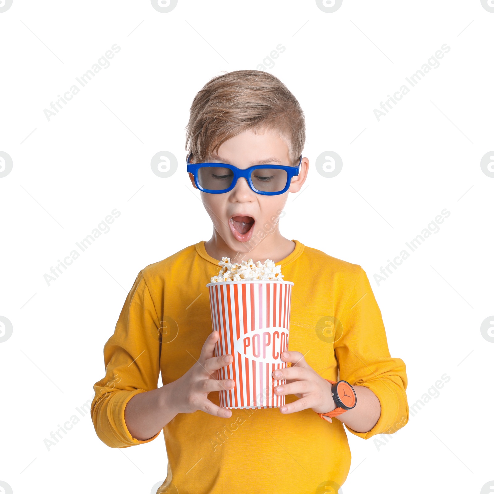 Photo of Cute boy in 3D glasses with popcorn bucket isolated on white