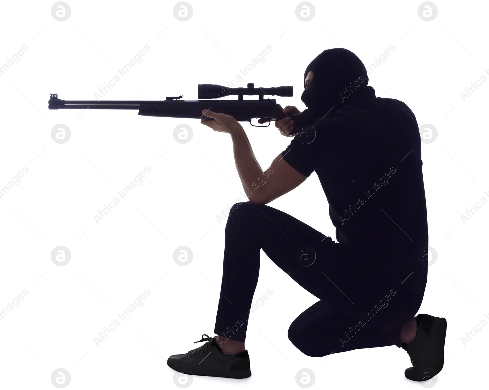 Photo of Professional killer with sniper rifle on white background