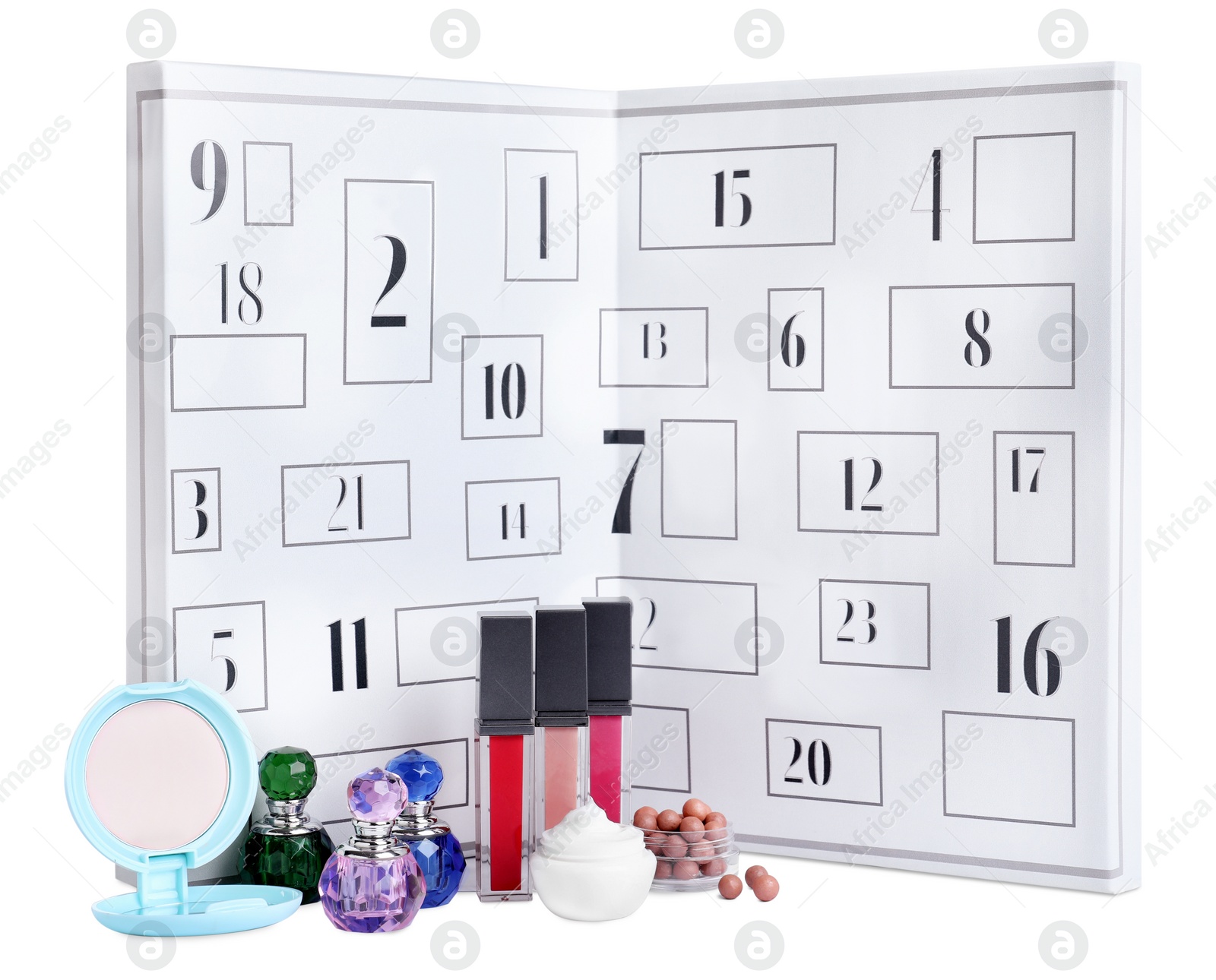 Christmas advent calendar with different cosmetics and perfumes isolated on white Photo of Christmas advent calendar with different cosmetics and perfumes isolated on white