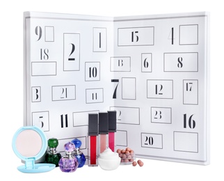 Photo of Christmas advent calendar with different cosmetics and perfumes isolated on white