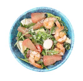 Delicious pomelo salad with shrimps and cheese in bowl on white background, top view