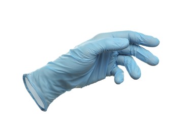 Image of One light blue medical glove isolated on white