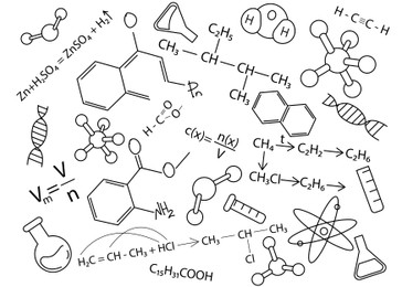 Different chemical formulas, reactions and icons on white background