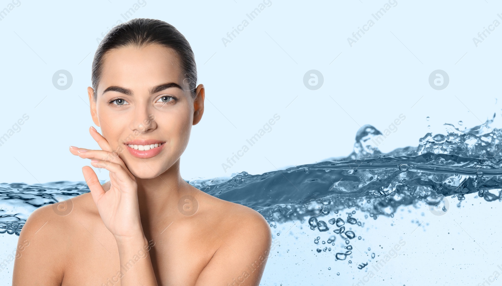 Image of Beautiful woman with perfect skin and clear water on background, banner design