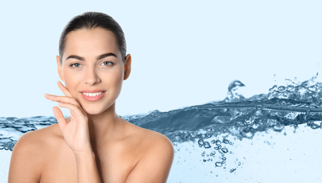 Beautiful woman with perfect skin and clear water on background, banner design