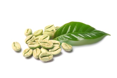 Photo of Green coffee beans and fresh leaf on white background