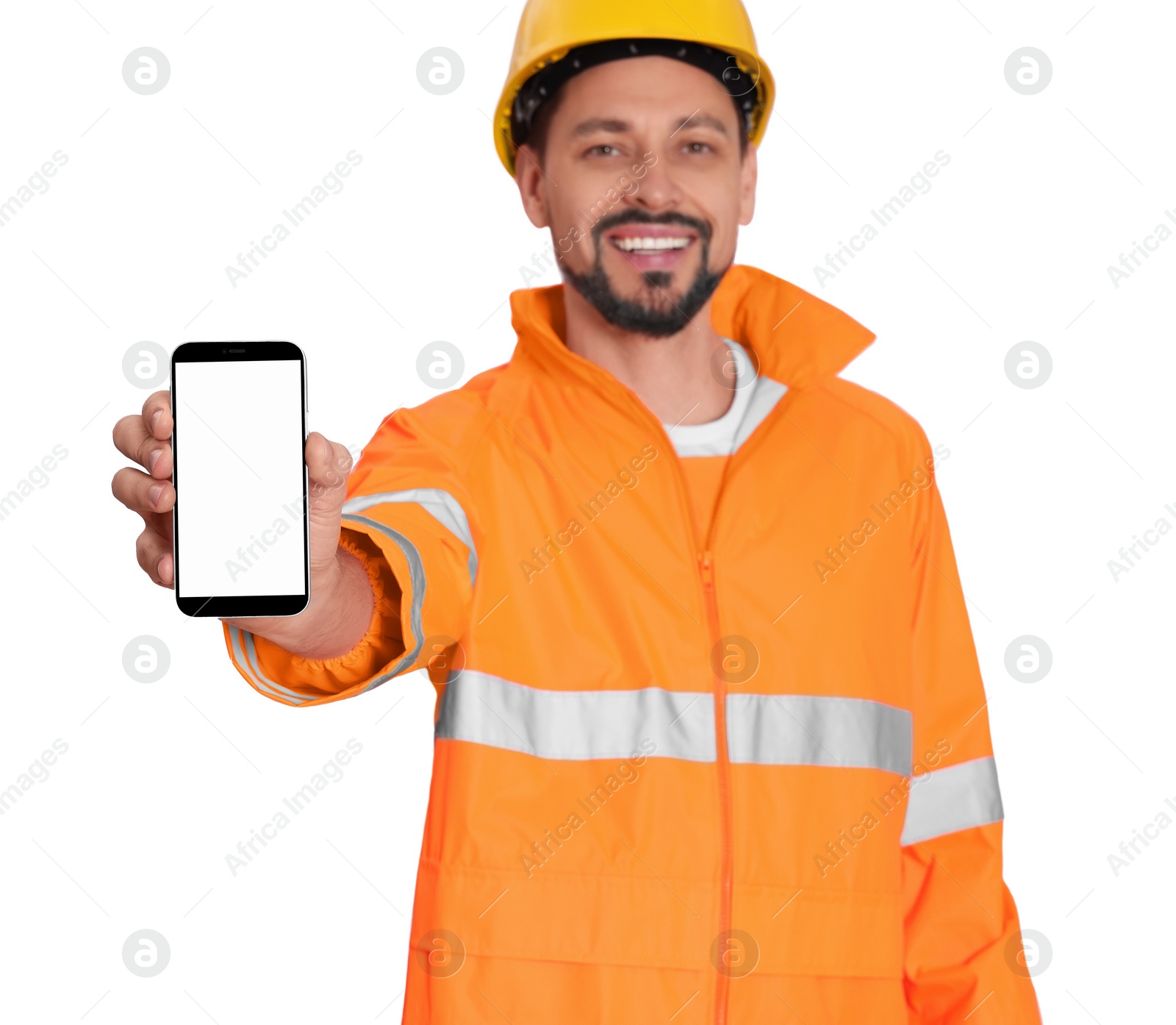 Photo of Man in reflective uniform with phone on white background