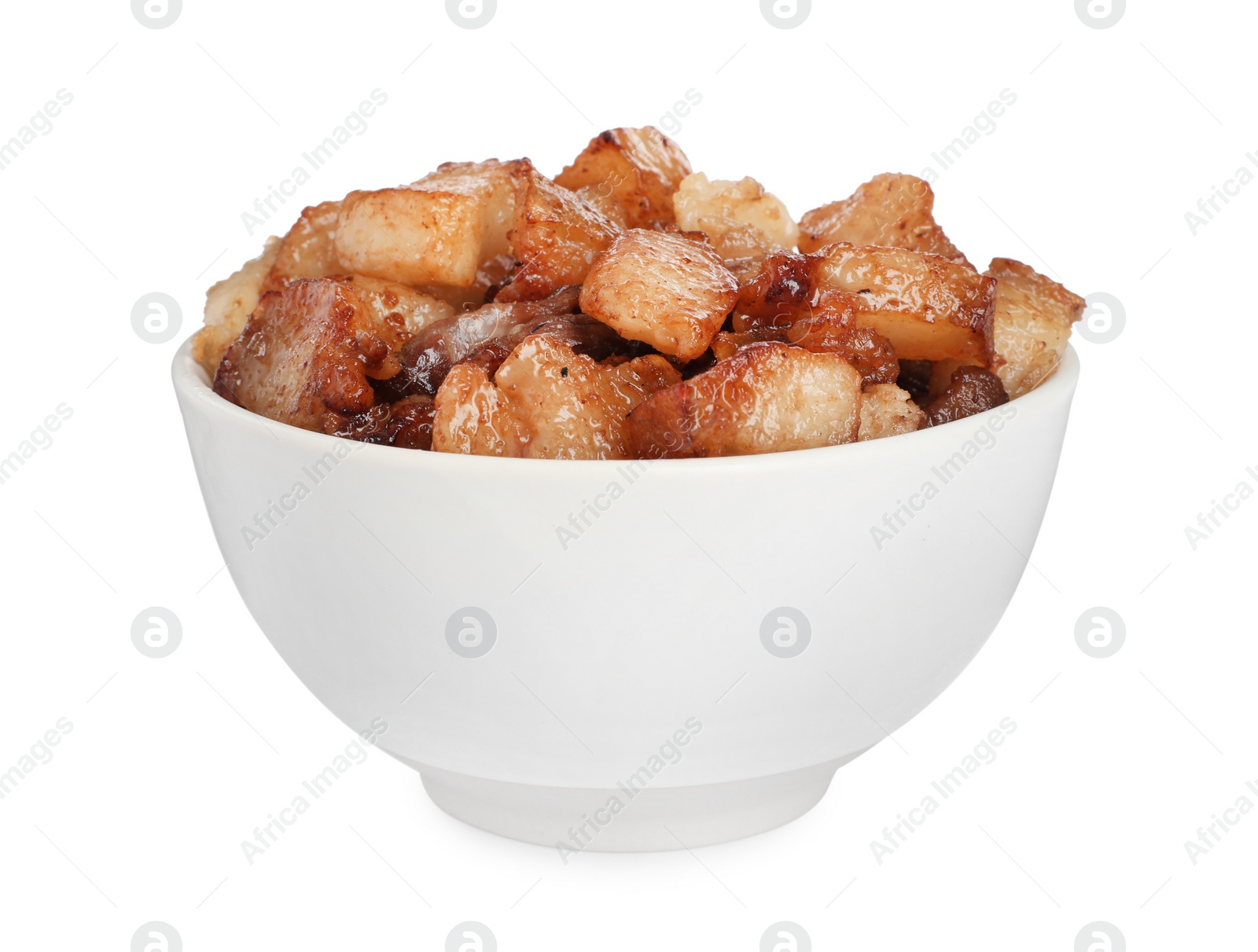 Photo of Tasty fried cracklings in bowl on white background. Cooked pork lard