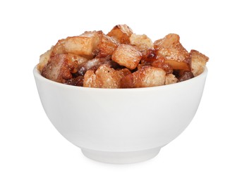 Photo of Tasty fried cracklings in bowl on white background. Cooked pork lard