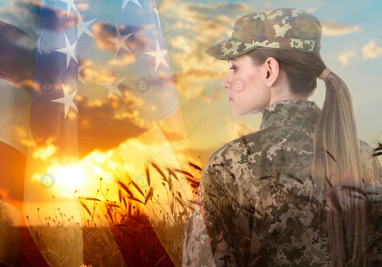 Image of Veterans Day. Military woman outdoors and flag of USA, double exposure