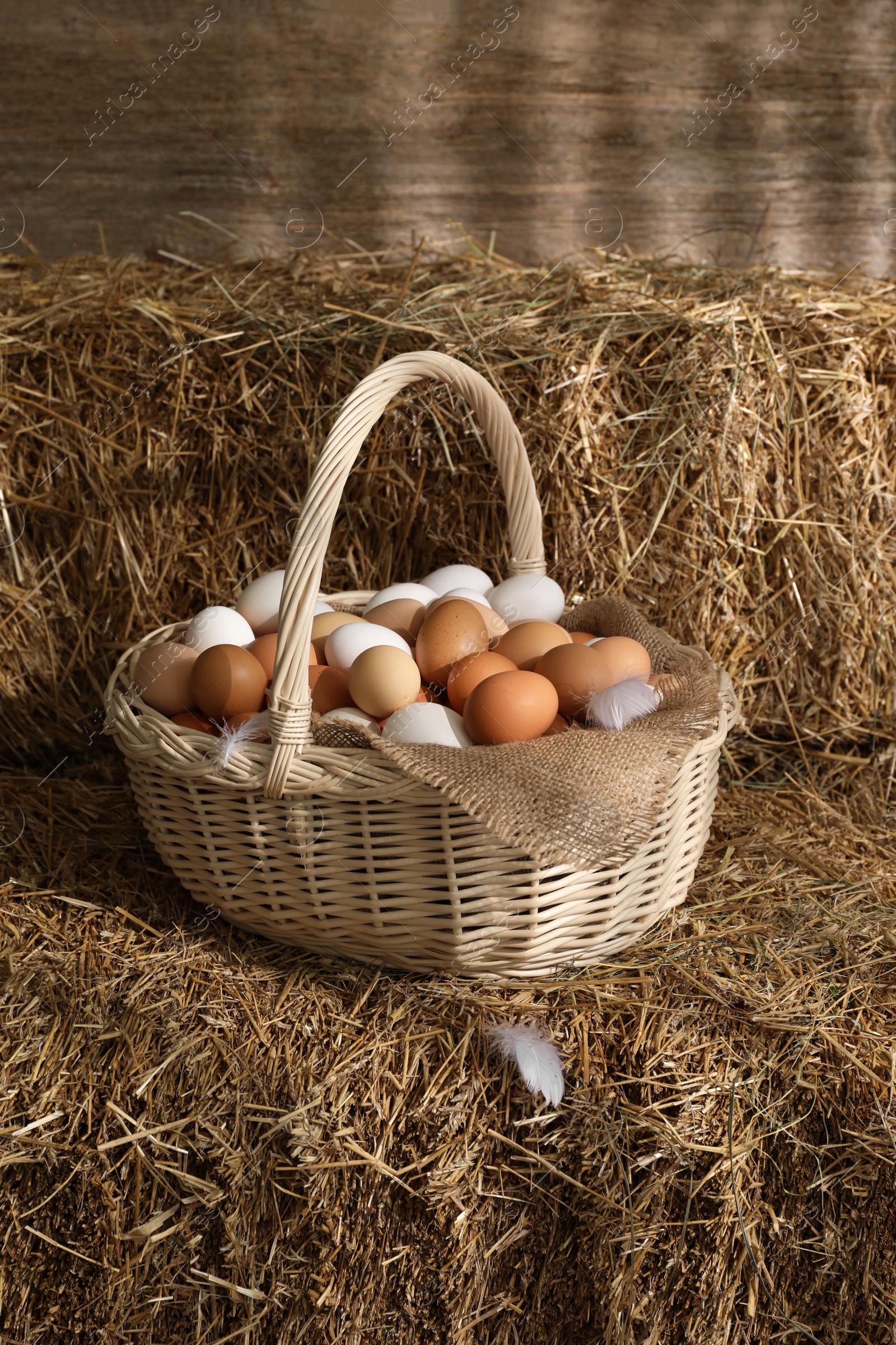 Photo of Fresh chicken eggs in wicker basket on dried straw bale