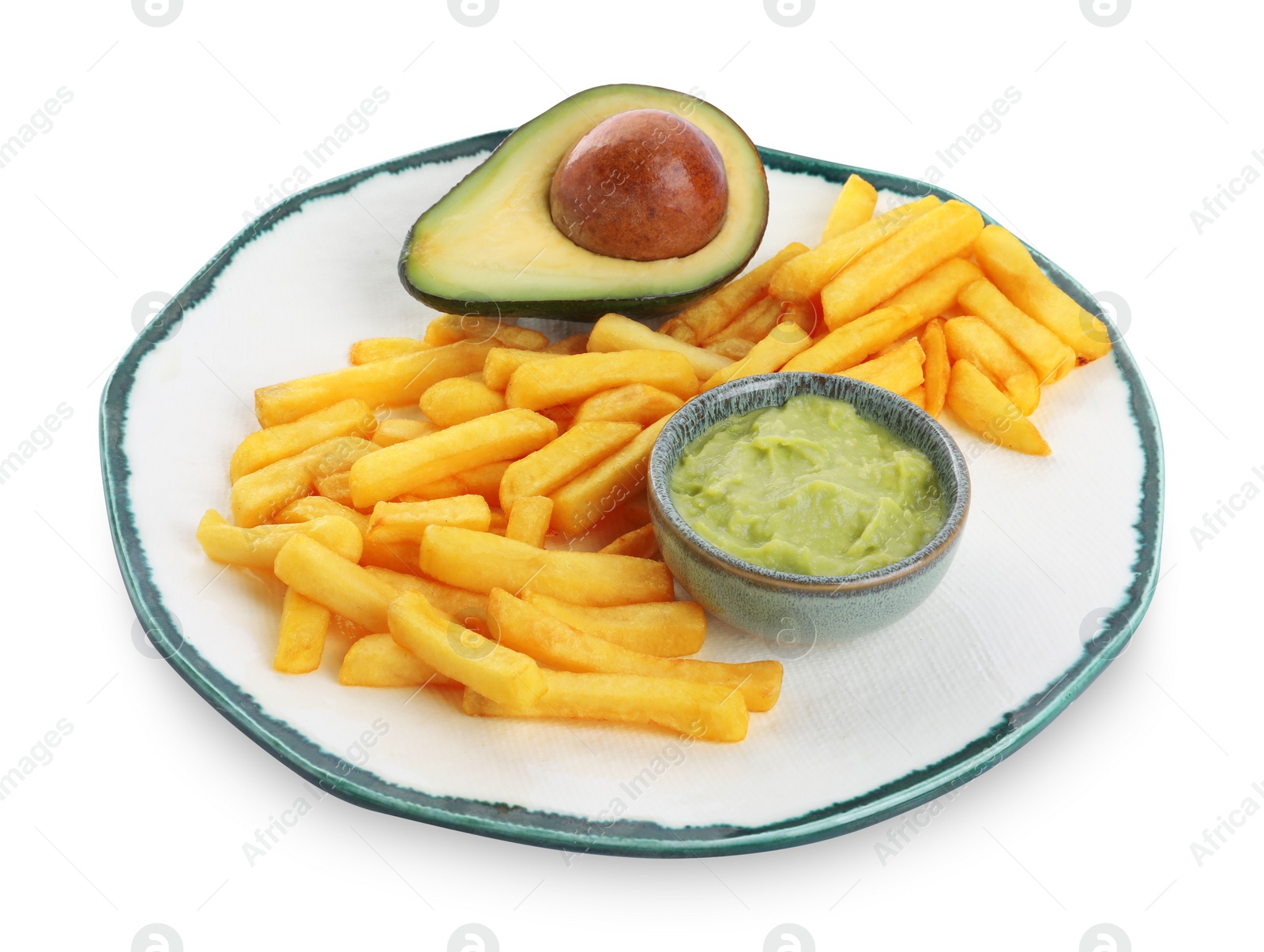 Photo of Plate with delicious french fries and avocado dip isolated on white