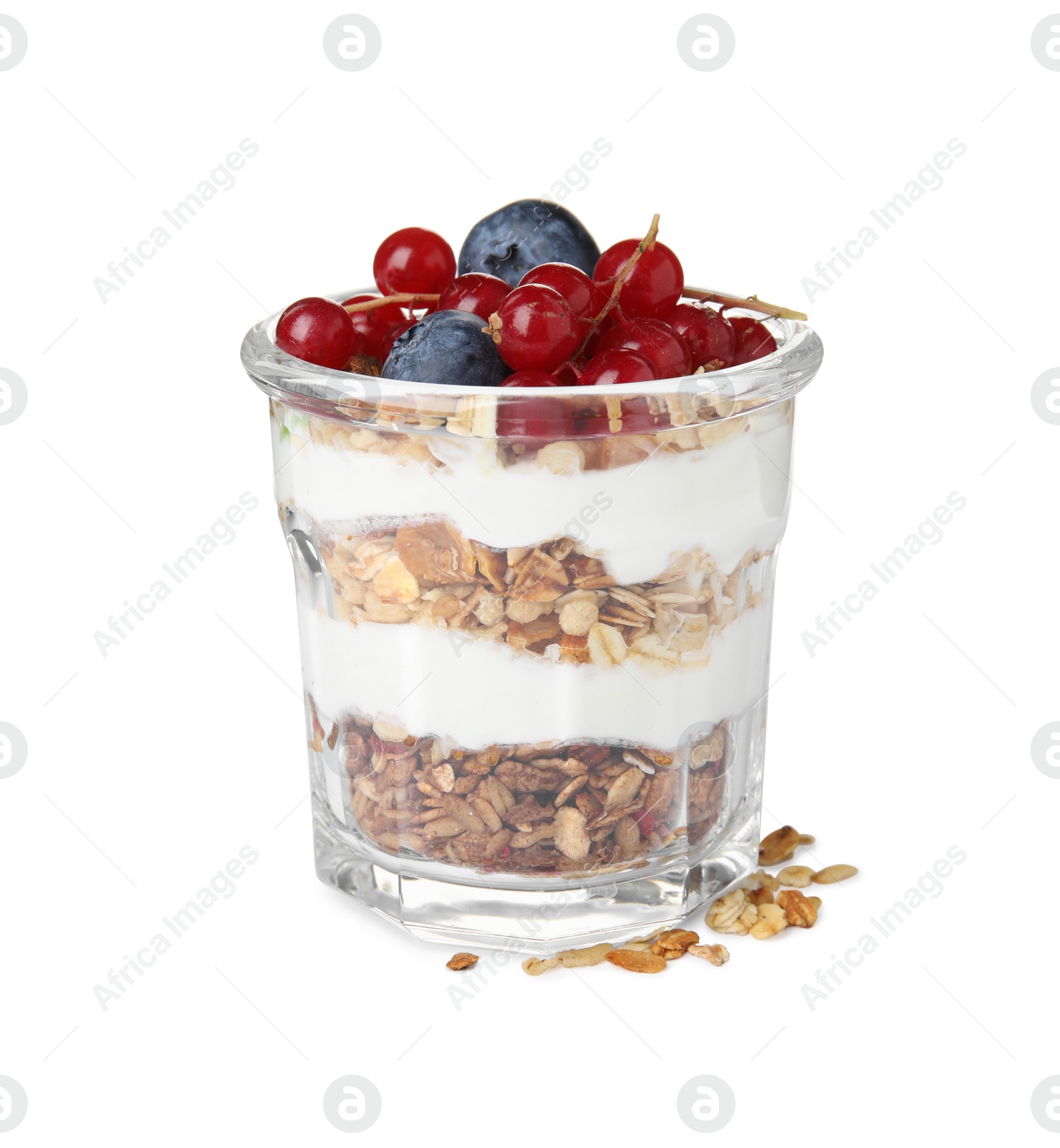 Photo of Delicious yogurt parfait with fresh berries on white background