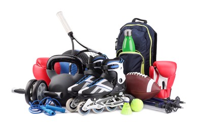 Photo of Many different sports equipment isolated on white