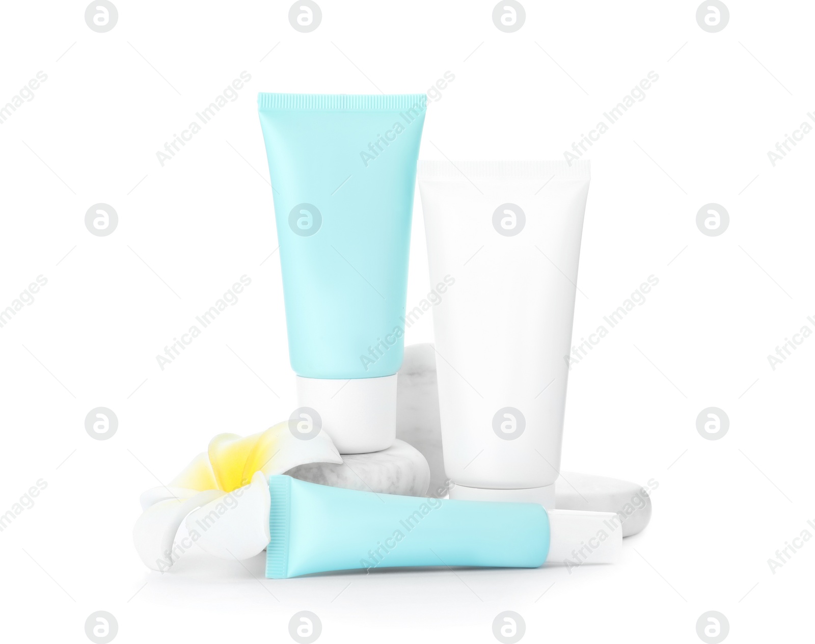 Photo of Cosmetic products, flower and spa stones on white background