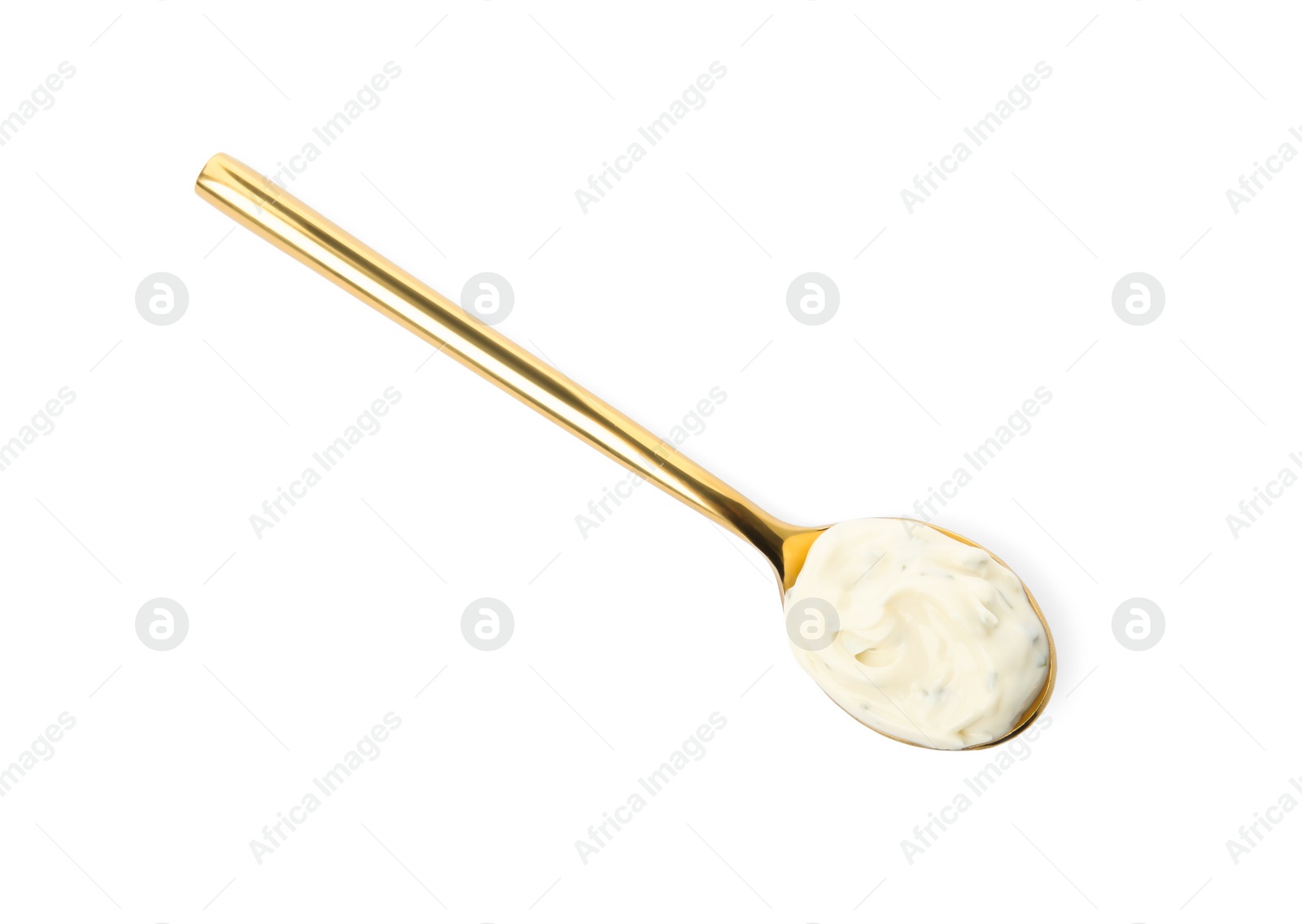 Photo of Tartar sauce in spoon isolated on white, top view